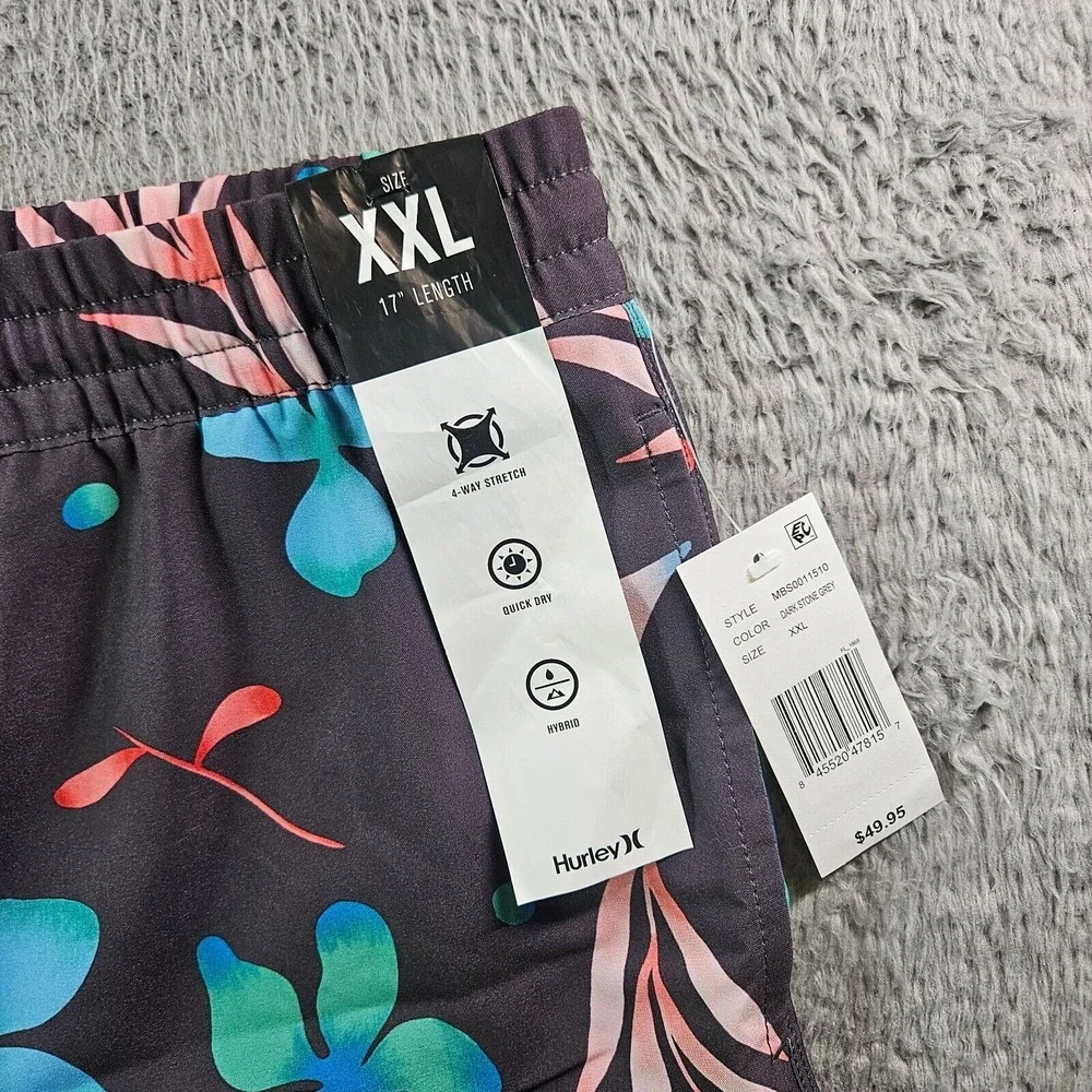 NWT Hurley Board Shorts Swim Trunks Men XXL No Liner Floral Leaf Print Gray‎